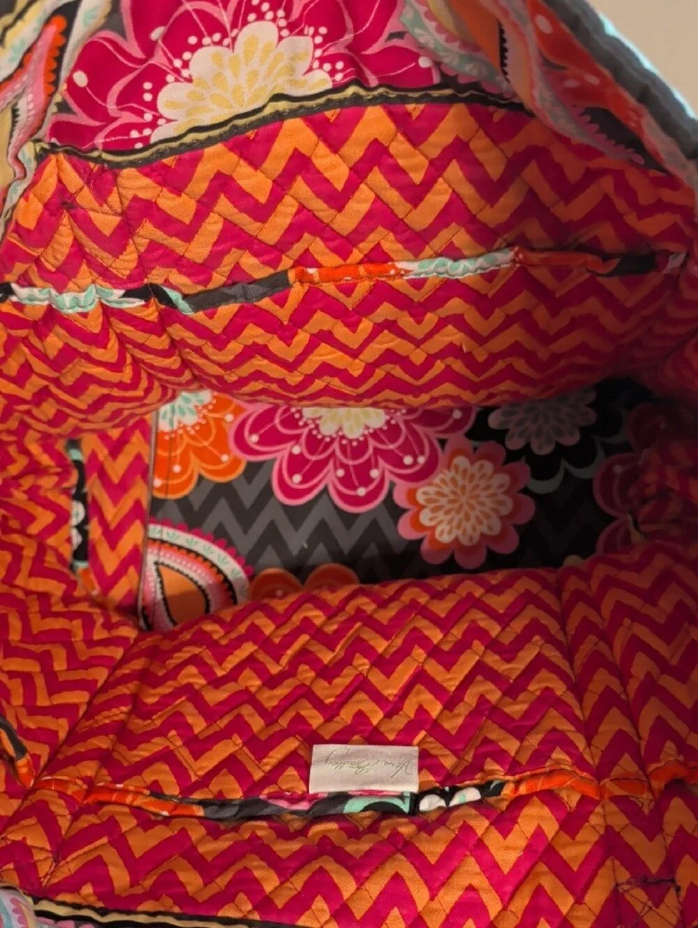 Vera Bradley Ziggy Zania Black Quilted Tote Pink, Orange & Teal Floral Paisley